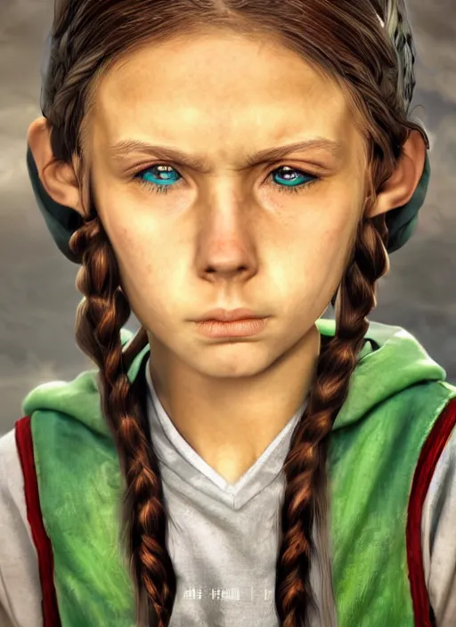 Prompt: An epic fantasy comic book style portrait painting of a young feminine boy, green eyes, fair skin, long brown hair worn in two pigtails, his left pigtail is shorter than the right pigtail, yellow hoodie with a grey undershirt, unreal 5, DAZ, hyperrealistic, octane render, cosplay, RPG portrait, dynamic lighting