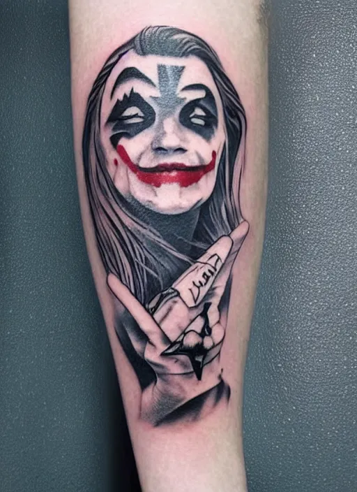 Prompt: a tattoo design of a joker girl holding an ace, hyper realistic, black and white