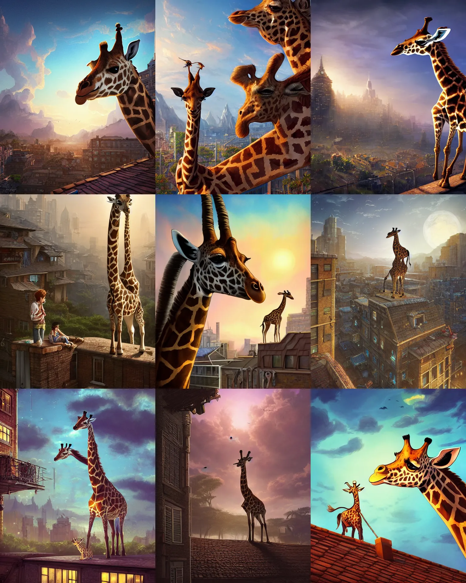 Prompt: kids fantasy sketch of a giraffe on rooftop, fantasy, intricate, epic lighting, cinematic composition, hyper realistic, 8 k resolution, unreal engine 5, by artgerm, tooth wu, dan mumford, beeple, wlop, rossdraws, james jean, marc simonetti, artstation