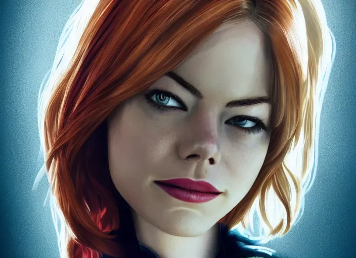 Image similar to Emma stone is gwen stacy spider man, spider woman, Emma stone with blond hair, blond, full body photo, in gwen stacy spider suit, posing for camera, cinematic, epic, action pose, hyper realism, artstation, 8k, photoshoot