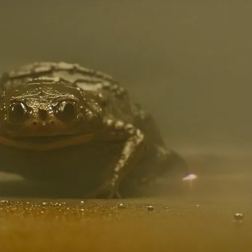 Image similar to Close up of Lepidobatrachus laevis facing the camera in a still from the movie Blade Runner (1982), high quality, rain, rain drops, cold lighting, 4k, night, award winning photo, beautiful