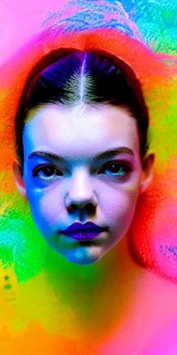 Prompt: portrait of a beautiful girl + anya taylor - joy floating under the deep dream water, colorful lighting + white petal, by personal photography, art by brookskim, closeup, 4 k, highly detailed, instagram,