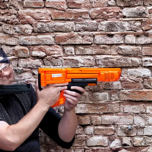 Prompt: nerf gun firing real bullets at a brick wall professional photograph