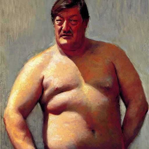 Prompt: Stephen Fry with a flabby body type, painting by Gaston Bussiere, Craig Mullins