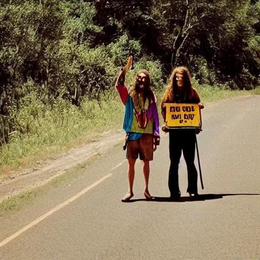 Image similar to a hippie poster of 2 people hitchhiking at the edge of the road with a caravan,