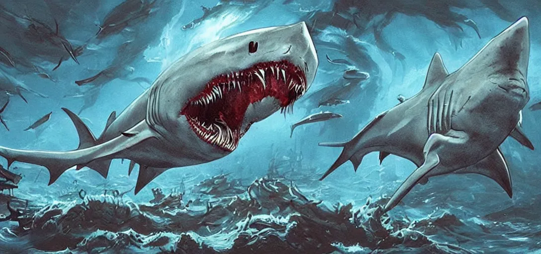 Image similar to concept art of shark attack, lovecraftian, lots of teeth, melting horror, fighting the horrors of the unknown with laser guns