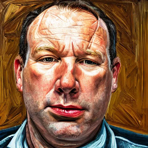 Image similar to high quality high detail painting by lucian freud, hd, exaggerated portrait of alex jones as a political prisoner, photorealistic, studio lighting