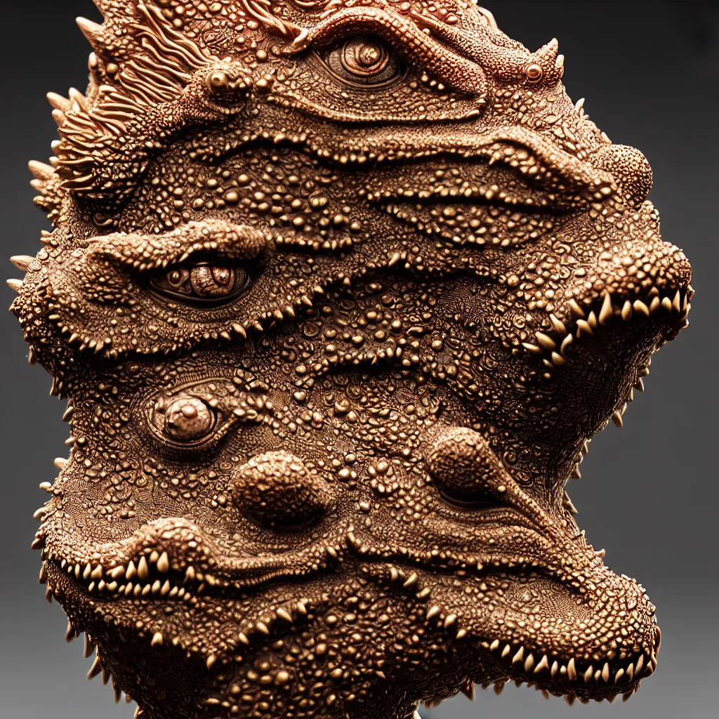 Image similar to a single close up photo - real delicate ceramic porcelain sculpture of an ornate symmetrical godzilla detailed in front of an intricate background by victo ngai and takato yamamoto, micro detail, backlit lighting, face in focus, subsurface scattering, translucent, thin porcelain, octane rendered, colorful, physically based rendering, japanese pottery, trending on cgsociety