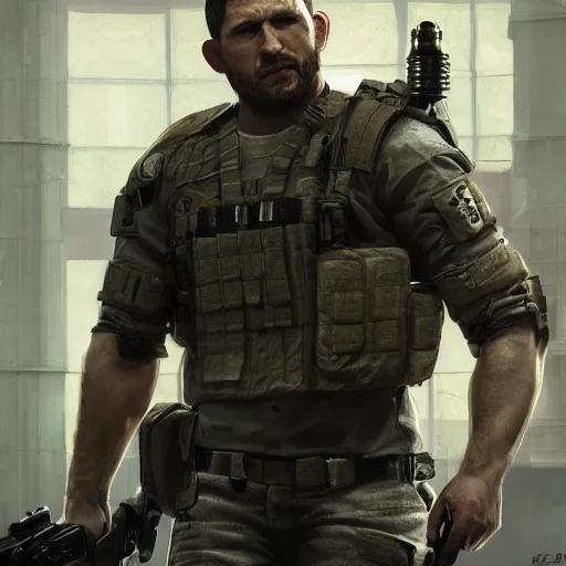 Image similar to chris redfield in escape from tarkov, au naturel, hyper detailed, digital art, trending in artstation, cinematic lighting, studio quality, smooth render, unreal engine 5 rendered, octane rendered, art style by klimt and nixeu and ian sprigger and wlop and krenz cushart