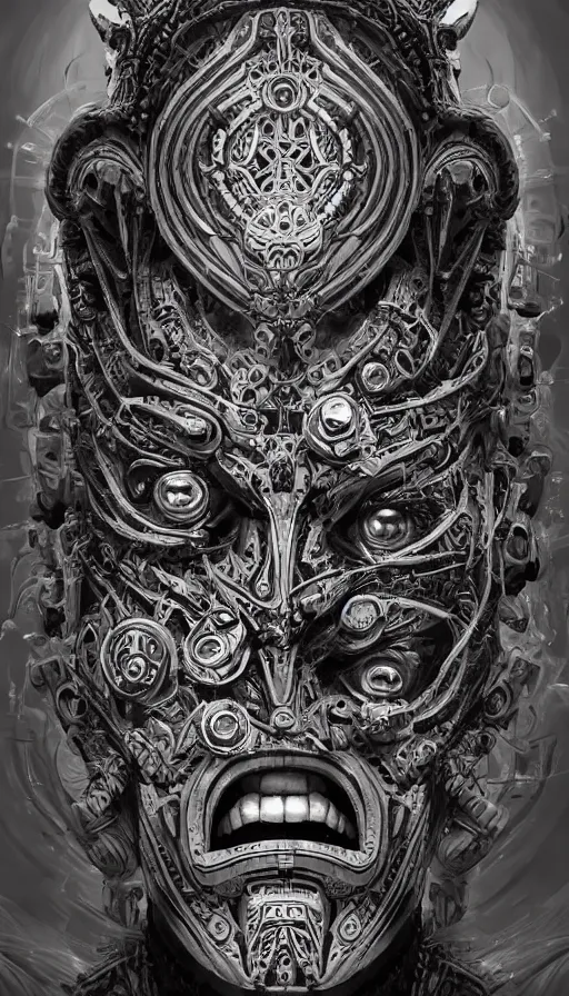 Image similar to ancient biomechanical hybrid aztec fantasy beautiful cyber warrior symmetrical human face immortal mask tattoo pattern concept, teonanacatl glyph, intricate artwork by, Johnatan Wayshak, Zdizslaw Beksinski, face by Artgerm, H.R. Giger, very coherent artwork, cinematic, hyper realism, high detail, octane render, unreal engine, 8k, High contrast, higly detailed black ink outline, crosshatch sketch gradient