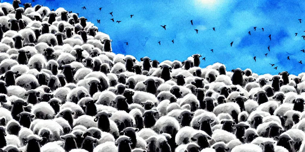 Prompt: forty five white sheep racing fast laterally towards a cliff made of jagged rock and we can see them falling like lemmings down the cliff into the sea and facing the crashing white waves, there is one single eye - catching black sheep going against the crowd, clear blue skies, old colored sketching, panoramic shot