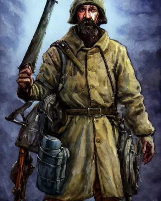 Prompt: a oil / watercolor painting full body character portrait of a homeless soldier / knight in the style of moebius in the style of leonard boyarsky trending on artstation deviantart pinterest detailed photorealistic highlights and shadow hd 8 k post - processing high resolution