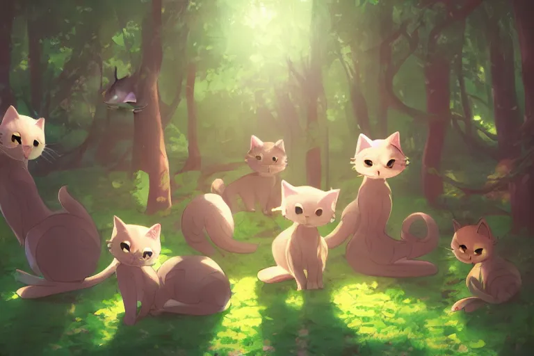 Prompt: a group of cats in the forest, trending on artstation, trending on furaffinity, digital art, by kawacy, anime, furry art, warm light, backlighting, cartoon, concept art