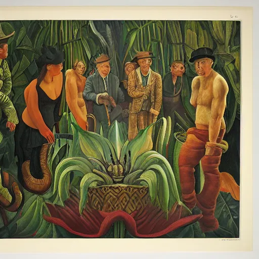 Image similar to high quality, high detail painting, dutch masterpiece, jim jarmusch, film noir, diego rivera, high garden scene with quetzalcoatl, hd, muted lighting