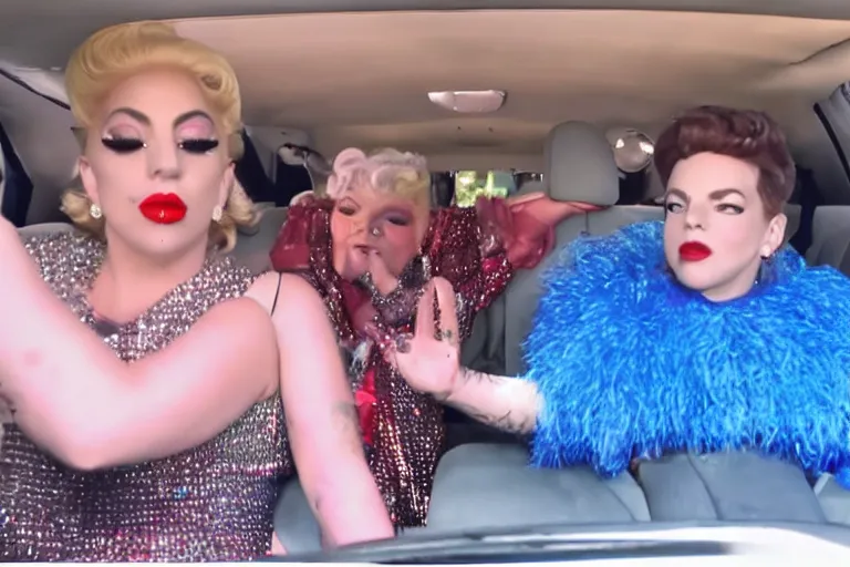 Prompt: lady gaga and judy garland doing carpool karaoke, lady gaga and judy garland, carpool karaoke, lady gaga, judy garland, carpool karaoke, youtube video screenshot, the late late show with james corden