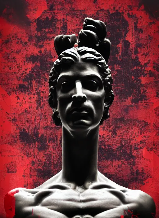 Image similar to dark design poster showing a statue of hercules, black background with very subtle red and purple design elements, powerful, nekro, vito acconci, graphic design, collage art, subtle thin lines, dark, glitch art, neo vaporwave, gritty, layout frame, square, trending on artstation