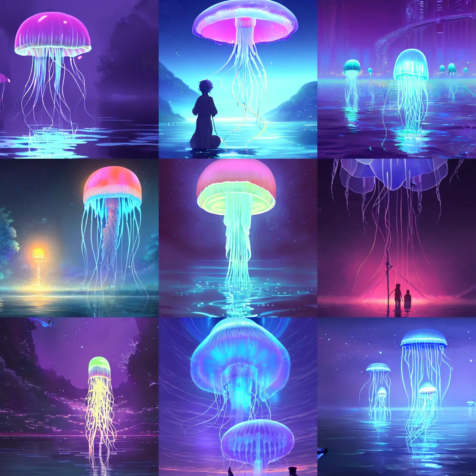 Prompt: glowing jellyfish immigration in a river, evocative, mystical night, detailed, award - winning, trending on artstation artwork by makoto shinkai and james gurney,
