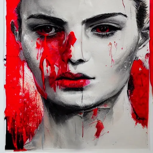 Image similar to portrait of woman with two faces covered in red dripping paint, artwork by guy denning and charlie bowater,