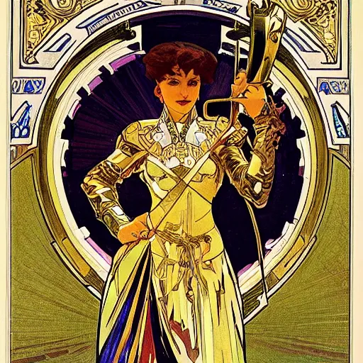 Image similar to woman in golden plate armour, fighting stance, painted by alphonse mucha