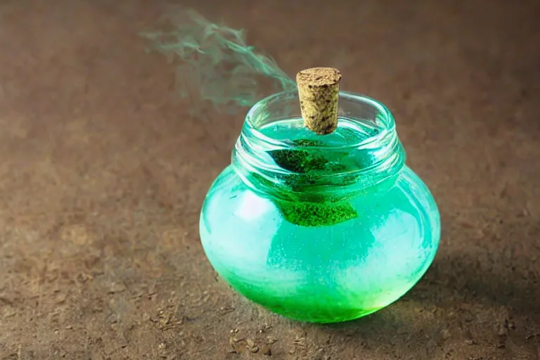 Image similar to small potion with a cork top filled with a green and turquoise gradient liquid, on a desk, old film photo