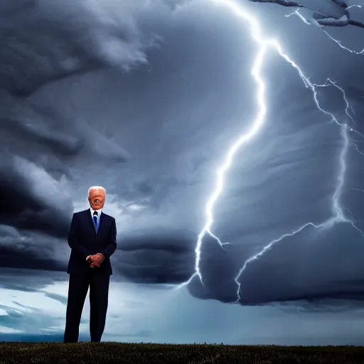 Image similar to ominous portrait of joe biden with glowing eyes, dramatic storm clouds, high contrast