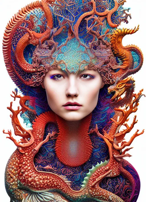 Prompt: ridiculously beautiful young womans face in full color, layers of intricate swirling dimensions, coral, dragons, symmetrical, in the style of ernst haeckel, effervescent, sacred geometry, surrealism, photo realistic, epic and cinematic, 3 d, clear, sharp,