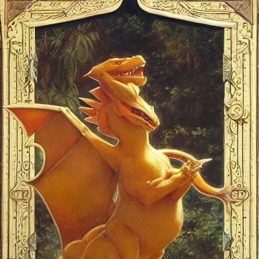 Prompt: highley detailed potrait of charizard the pokemon, painting by gaston bussiere, craig mullins, j. c. leyendecker, lights, art by ernst haeckel, john william godward, hammershøi,