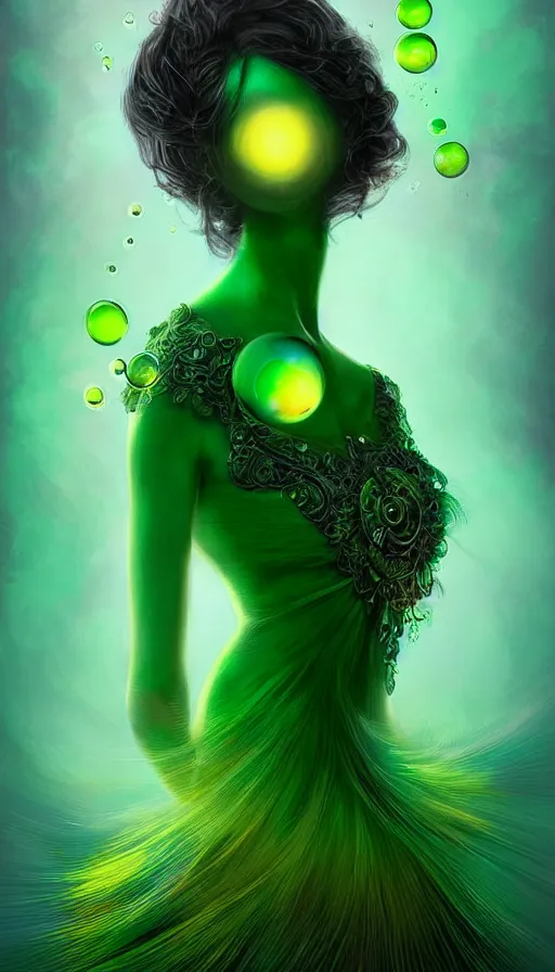 Image similar to portrait of magical green dj , dark fantasy, gradient green black, dreamy and ethereal, (colour) eyes, one head, golden ratio, peaceful expression, ornate frilly dress, fantasy, intricate, elegant, rainbow bubbles, highly detailed, digital painting, artstation, concept art, smooth,b sharp focus, illustration, art by artgerm and greg rutkowski and alphonse mucha