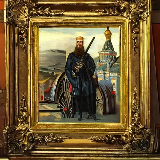 Prompt: 18th century historical painting representing Ivan the Terrible in his palace in Moscow with new car Tesla 3, oil painting style,