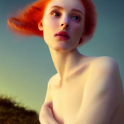 Image similar to photographic portrait of a stunningly beautiful renaissance female in soft dreamy light at sunset, red hair, fre kles, pale skin, contemporary fashion shoot, by edward robert hughes, annie leibovitz and steve mccurry, david lazar, jimmy nelsson, breathtaking, 8 k resolution, extremely detailed, beautiful, establishing shot, artistic, hyperrealistic, beautiful face, octane render