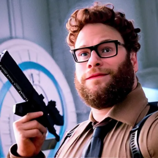 Image similar to awe inspiring Seth Rogen playing a Ghostbuster in a still from the movie Ghostbusters 8k hdr