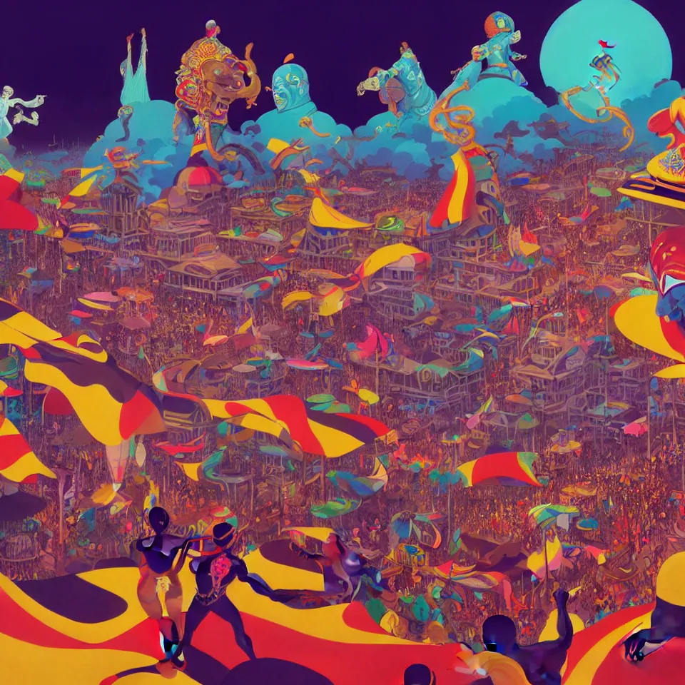 Image similar to trinidad and tobago carnival by paolo eleuteri serpieri and tomer hanuka and chesley bonestell and daniel merriam and tomokazu matsuyama, unreal engine, high resolution render, featured on artstation, octane, 8 k, highly intricate details, vivid colors, vector illustration