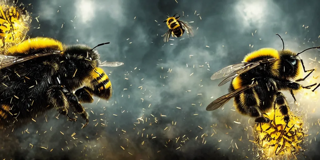 Prompt: Bumblebees going to war , realistic 4k octane beautifully detailed render, 4k post-processing, highly detailed, intricate complexity, epic composition, magical atmosphere, cinematic lighting, masterpiece, ultra hd