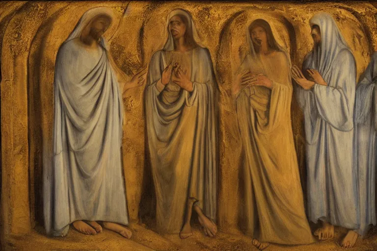 Image similar to inside the tomb of jesus, dark scene, light coming in from the left, small steps leading down, 3 marys crouching in colored robes at the tomb | 2 angels on the right side | medium close | fibonacci composition, by odd nerdrum