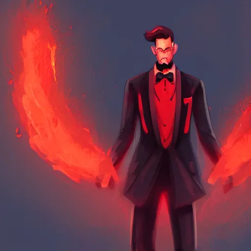 Prompt: a male red Devil wear a tuxedo in hell,Landscape, fire ,environment, Artstation