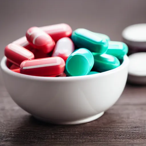 Prompt: a bowl with pharmaceutical pills in it