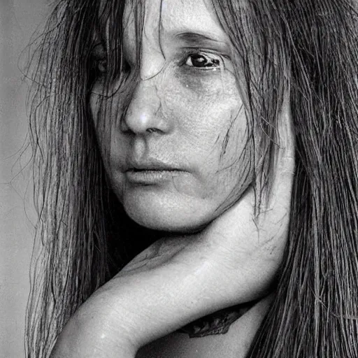 Image similar to Gray, straight hair neatly coiffured to reveal a furrowed, wild face. Dancing gray eyes, set appealingly within their sockets, watch guardedly over the tribes they've loved for so long. An old tattoo resembling a tear is almost hidden on the left side of her neck and leaves a lasting punishment of former love. The is the face of Emily Davey, a true winner among humans. She stands tall among others, despite her bulky frame. There's something captivating about her, perhaps it's her tenderness or perhaps it's simply her humility. But nonetheless, people tend to follow her, while helping her out. extremely detailed gorgeous face, looks realistic, hyper-detailed portrait , Vaporwave aesthetic, synthwave, artist Artgerm i and WLOP