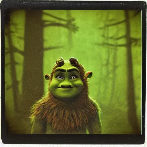 Image similar to 1 9 6 0's old polaroid of shrek staring from the depths of the dark gloomy forest, photorealistic, grainy, found footage, old film, low quality, horror, creepy, unsettling, liminal, strangely terrifying