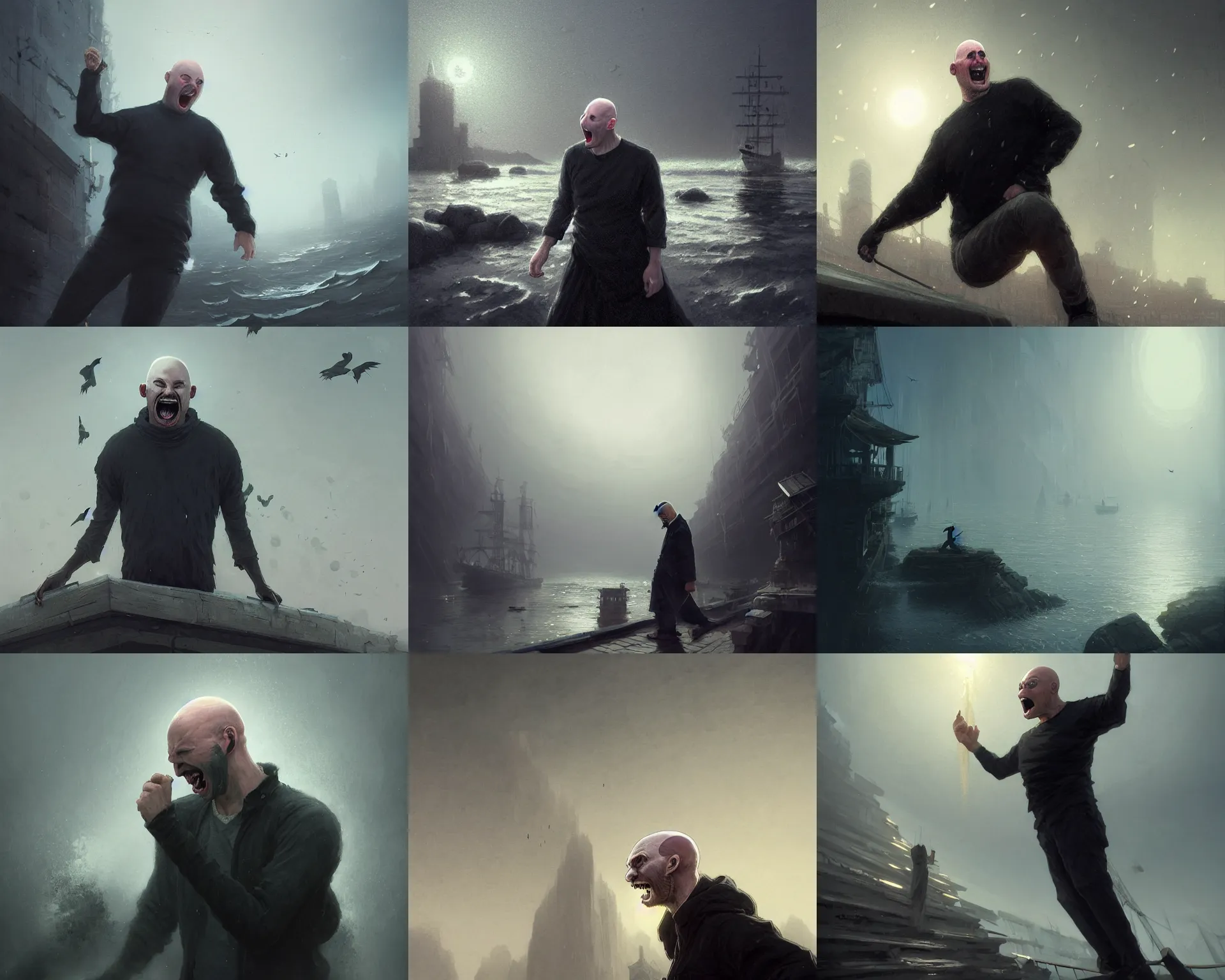 Prompt: screaming bald man in distress dressed in black over a harbor, light dust, noon, magnificent, close up, details, sharp focus, elegant, highly detailed, illustration, by Jordan Grimmer and greg rutkowski and PiNe(パイネ) and 薯子Imoko and 香川悠作 and wlop and maya takamura, intricate, beautiful, Trending artstation, pixiv, digital Art