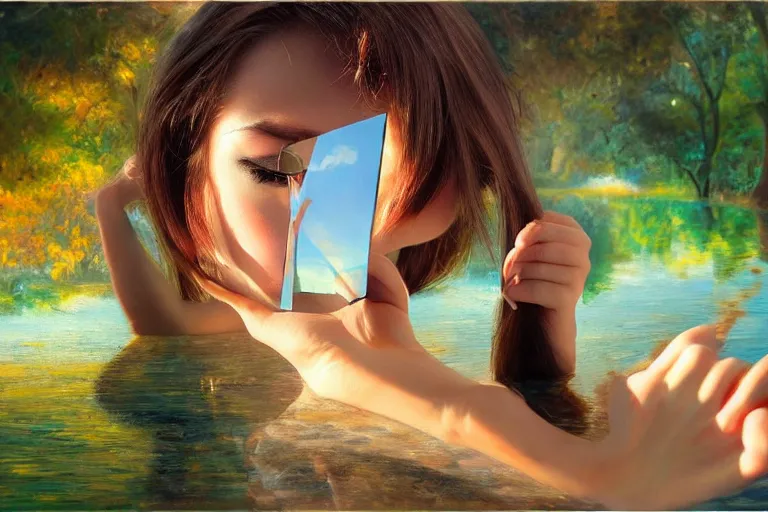 Image similar to girl, fantasy, painting, chrome, reflect, ultra realistic!!!, clear weather, golden hour, sharp focus