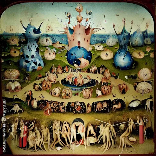 Prompt: Among Us impostor sus in Garden of Earthly Delights by Hieronymus Bosch