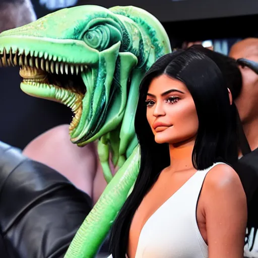 Image similar to kylie jenner held menacingly by an xenomorph, highly detailed, photorealistic, hyper realistic, slime, saliva, smooth