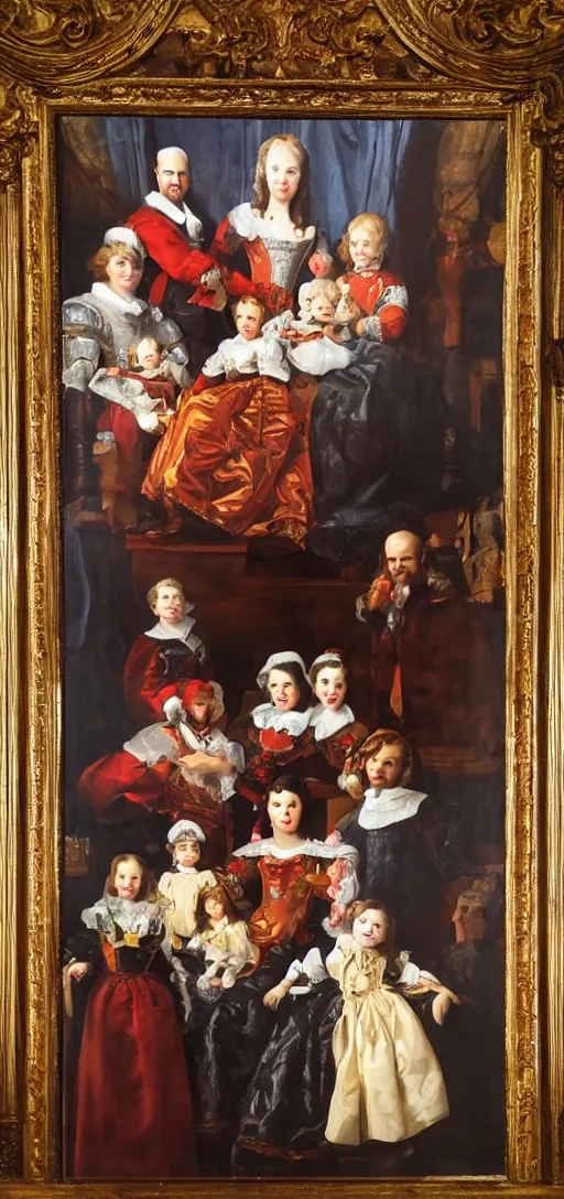 Prompt: oil paint in canvas of family portrait in the main room of the castle, dark room, one point of light trough a big window. baroque style 1 6 5 0, high details on clothes, realistic faces and expressions, space between subjects inspired by diego velasquez