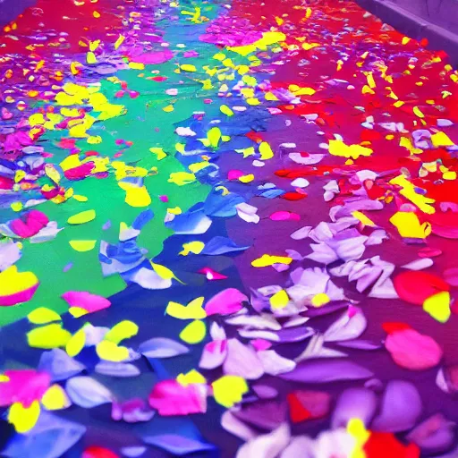 Prompt: background art of spaciously scattered multi colored flower petals flowing through the air from left to right on a clean background, anime, artgerm, manga, trending on artstation,