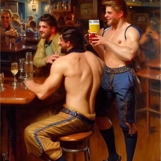 Image similar to attractive maculine male with brunet hair and attractive masculine male with blond hair. pants and shorts, drinking their hearts out, having fun, in a pub. highly detailed and very defined painting by gaston bussiere, j. c. leyendecker, craig mullins 8 k