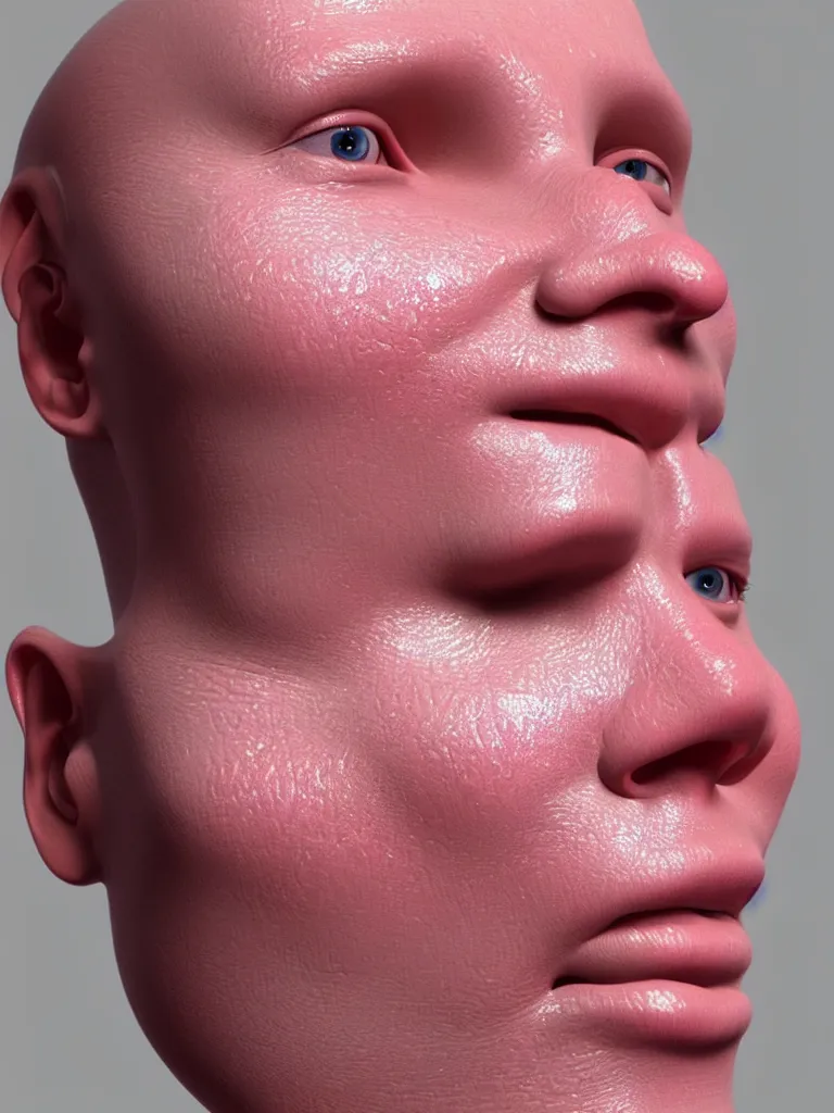 Prompt: a 3d primitive tube shape, texture-mapped with pink human skin, glossy, straight smooth vertical , highly realistic, Surface Painter, hyper-real, 4k, Octane render, style of Ron Mueck