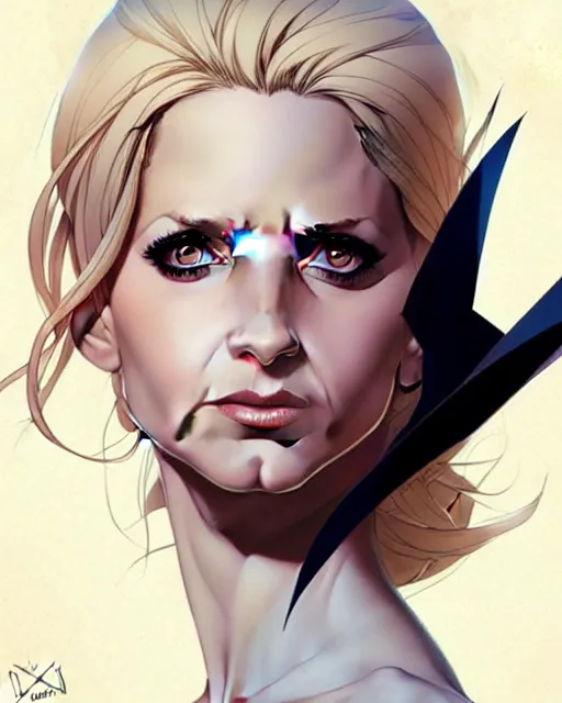 Image similar to artgerm, joshua middleton comic cover art, pretty sarah michelle gellar superhero, asymmetrical big black oval spot covering left eye from eyebrow to cheek, left eye spot only, very pale white skin, no spot right eye, white around right eye