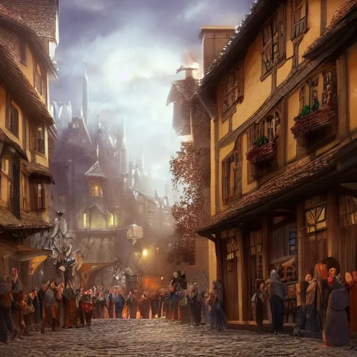 Prompt: The bustling streets of a medieval town, fantasy illustration, high fantasy, 8k render, trending on artstation, widescreen, masterpiece