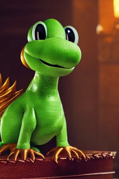 Image similar to very very intricate photorealistic photo of green yoshi in an episode of game of thrones, photo is in focus with detailed atmospheric lighting, award - winning details