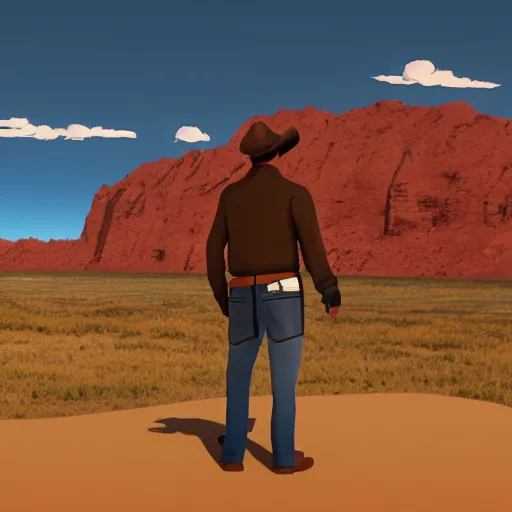 Prompt: cowboy on the range, beautiful New Mexico landscape, Art Deco, animation, cel-shading, toon shading, unity, 8k, 4k